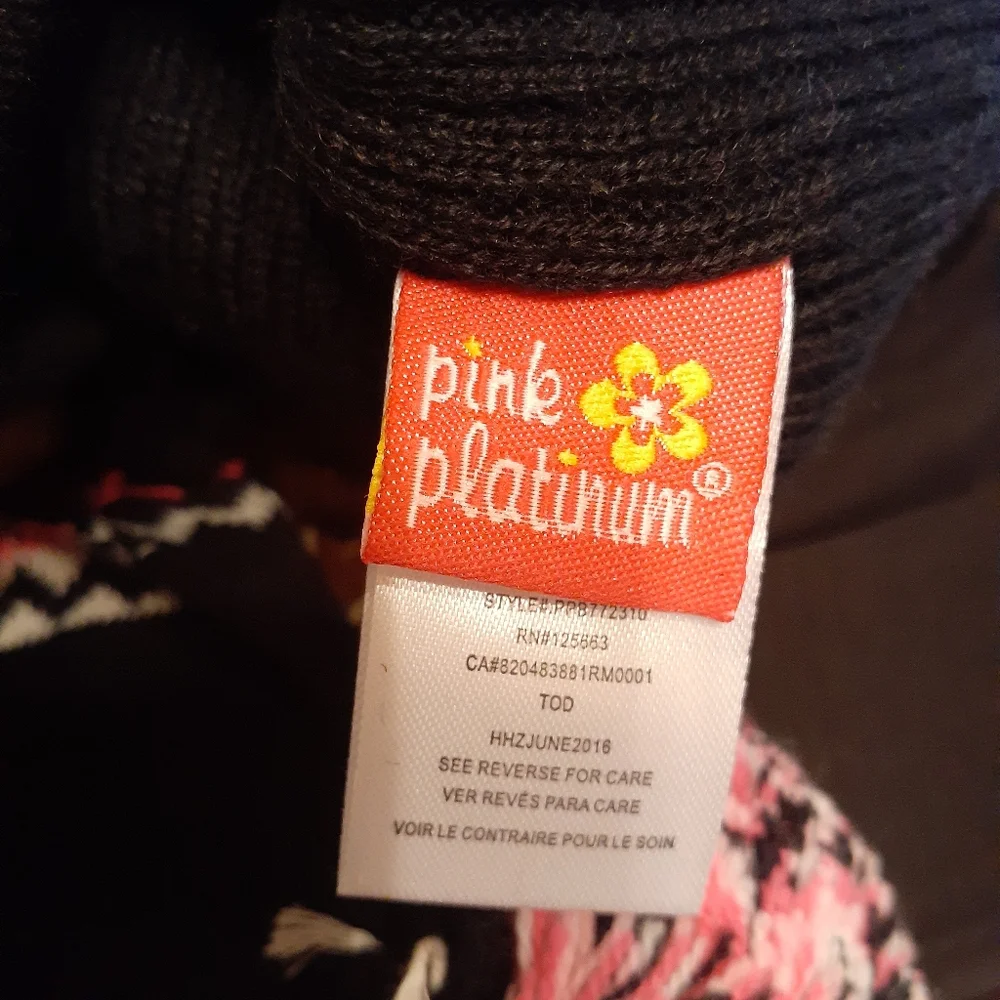 Pink Platinum Pink & Black 3pc PomPom Hat Scarf Glove Set OS TOD